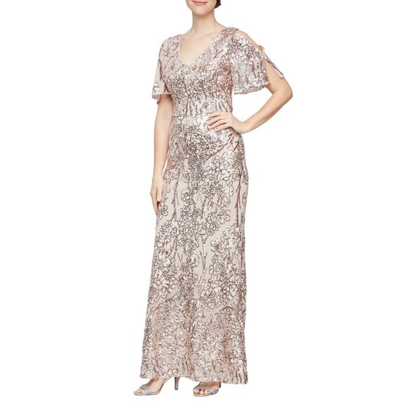 Alex Evenings Womens Size 14 Cream Gold Sequin Embellished Cocktail Formal Dress - Picture 1 of 12